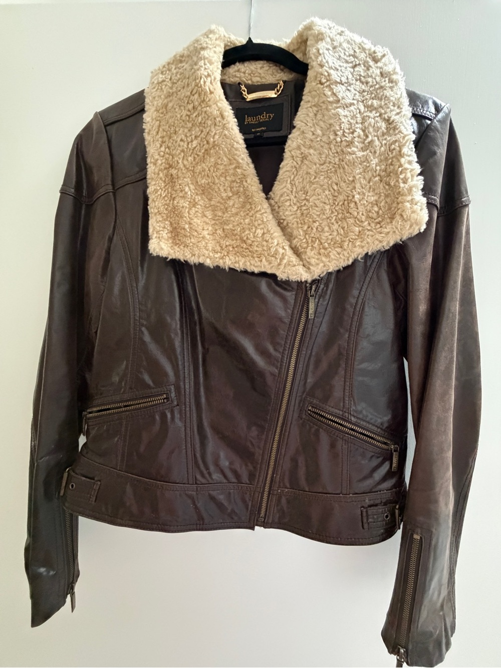 Laundry by Shelli Segal Brown Leather Jacket with Cream Faux-Shearling Collar